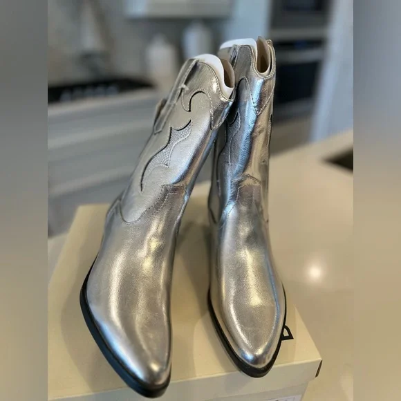 Women’s vegan leather silver western cowboy boots glitter side zipper brand new - Picture 4 of 6